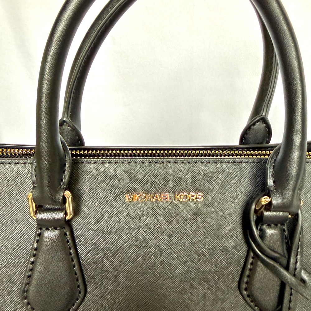 Michael Kors Black Saffiano Leather Satchel with Gold Accent Charm - Picture 4 of 7